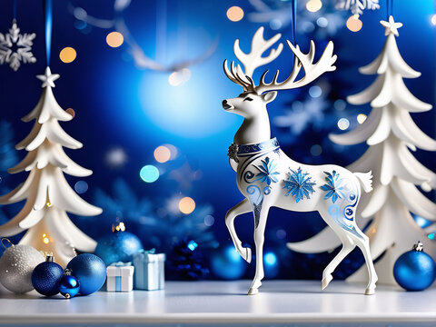 Amidst a serene blue backdrop, stand enchanting Christmas decorations alongside a majestic white reindeer.