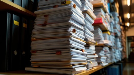 Stacks of paperwork and folders on an office desk - obrazy, fototapety, plakaty