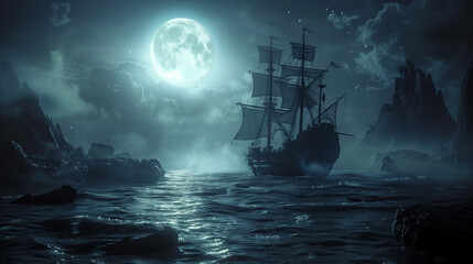 Vintage sailboat in the sea or ocean under the full moon near the coast with rocks