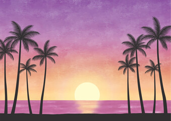 Fototapeta na wymiar ハワイの夕日の景色とヤシの木水彩ピンク