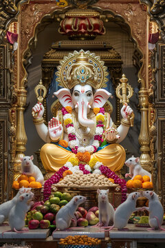Hindu God Ganesha with head of an Elephant sitting on a gold throne in a hindu palace