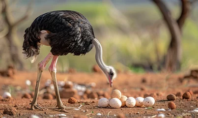 Zelfklevend Fotobehang Ostrich with eggs on ground. Generative AI © Nipawan
