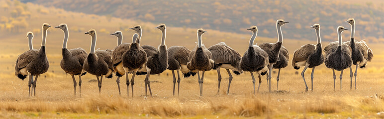 Herd of ostrich in savanna. Generative AI - obrazy, fototapety, plakaty