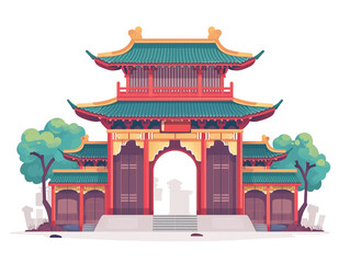 Obraz premium Illustration of the ancient Chinese city front façade in flat pastel colors. Isolated on white background. 