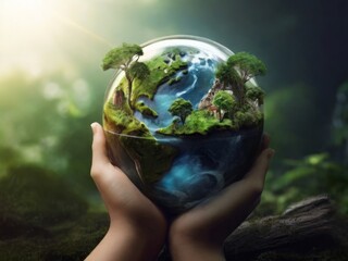 The earth and trees growing in the hands of humans provide green energy creates life ,Saving energy reduces pollution and problems , Environment Keep the earth clean, ecological concept Earth Day