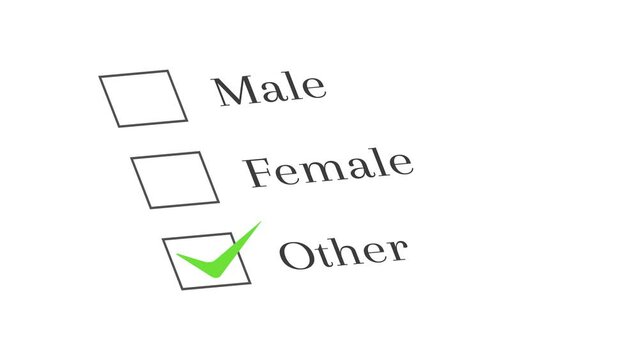 Gender identity and inclusivity concept with poll, form or survey having male, female and other sex as an answer and choice option. Animation showing a green check mark appearing in the checkbox.