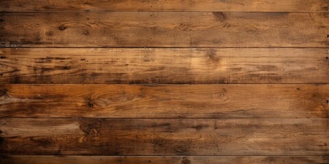 Obraz na płótnie Canvas Worn horizontal wooden planks in medium brown, viewed from above.