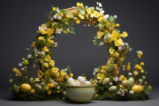 Easter flower wreath, painted eggs, podium for product presentation. Copy space 