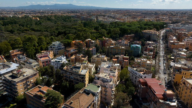 Aerial view of Villa Ada, a large public park in Rome, Italy. This large green area is located in the northern area of the city, between the Parioli, Pinciano and Trieste-Salario district.