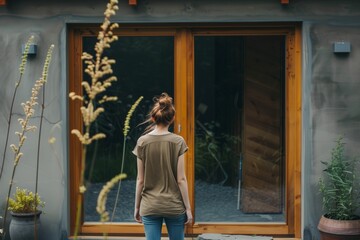 Fototapeta premium Young woman resting at beautiful country house or hotel, sitting on the window sill enjoying beautiful view on pine forest. Concept of solitude and recreation on nature