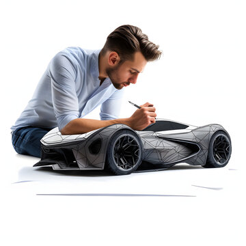 A designer sketching a futuristic car concept isolated on white background, space for captions, png
