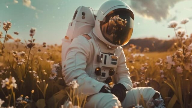 Astronaut sitting in a flower field. video 4k