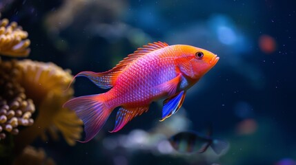 Coral red and azure blue vibrant tropical fish aquarium