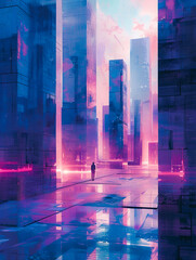Futuristic anime cityscape viewed through a Cubist lens minimalist design highlighting geometric beauty