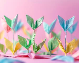 Investment opportunities represented by origami seedlings growing into trees pastel hues minimalist finance concept