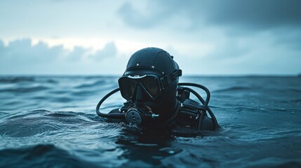 Lone scuba diver on the sea surface under cloudy skies - obrazy, fototapety, plakaty