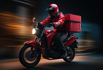 A food delivery man with an thermal delivery backpack on his back, riding a red motorcycle on his...
