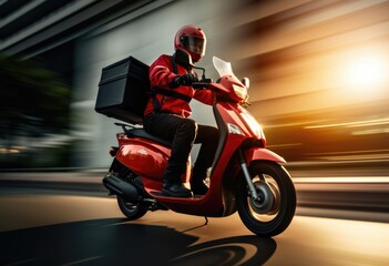 A food delivery man with an thermal delivery backpack on his back, riding a red motorcycle on his way to a customer's house, fast and efficient delivery service.copy space 