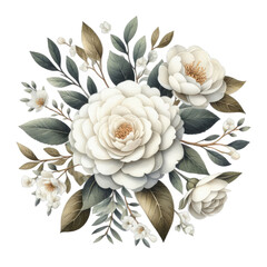 Bouquet, vignette, border with white roses and camellia. Watercolor illustration isolated on transparent background