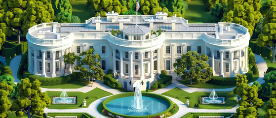The White House rendered in detailed isometric 3D capturing the elegance and significance of Americas executive mansion
