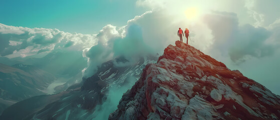 Teamwork friendship hiking help each other trust assistance silhouette in mountains, sunrise....