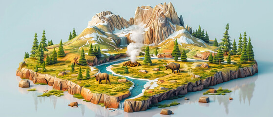 Yellowstone National Park in isometric 3D featuring geysers wildlife and the rugged terrain of Wyoming Montana Idaho