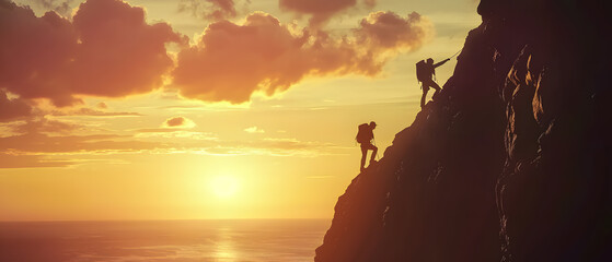 Help and assistance concept. Silhouettes of two people climbing on mountain thanks to mutual assistance and teamwork and partnership. business success and teamwork concept in company - obrazy, fototapety, plakaty