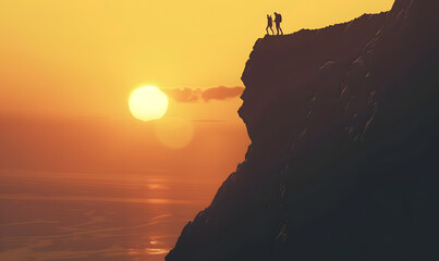 Help and assistance concept. Silhouettes of two people climbing on mountain thanks to mutual assistance and teamwork and partnership. business success and teamwork concept in company - obrazy, fototapety, plakaty