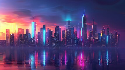 Fototapeta na wymiar Futuristic city skyline with neon lights and color gradients