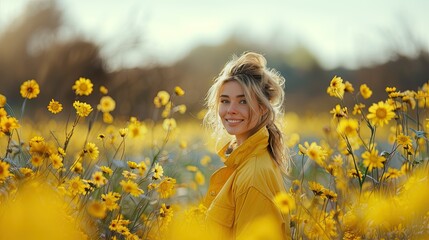 Happy blonde fashion model, in his 30 years, in a yellow coat, spring landscape on background.