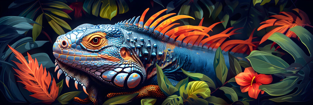  Illustration of Close-Up Muzzle of Exotic Iguana,
A blue iguana with a green and blue tail sits on a branch
