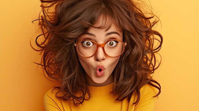 Portrait of a woman with glasses, surprised
expression.