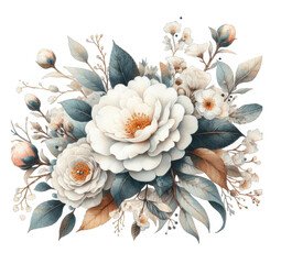 Spring white bouquet, vignette, border with white roses, camellia. Watercolor illustration