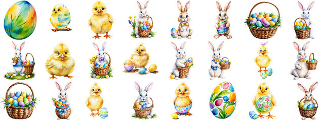Set of 24 isolated watercolor-style Easter illustrations. Collage of Easter eggs, Easter bunny, wicker basket, and chicks isolated with transparent background.