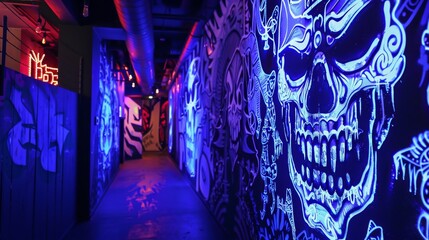 Glow-in-the-dark graffiti showcasing nocturnal scenes and luminous designs in an urban environment.