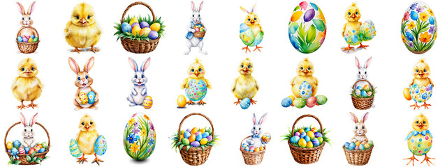 Set of 24 isolated watercolor-style Easter illustrations. Collage of Easter eggs, Easter bunny, wicker basket, and chicks isolated with transparent background.