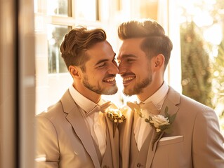 Joyful Same-Sex Couple on Their Wedding Day Two grooms share a joyful moment, touching foreheads and smiling on their wedding day, bathed in the warm light of sunset.

 - obrazy, fototapety, plakaty