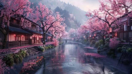 Whispering river under cherry blossoms