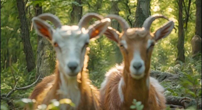 a pair of goats in the forest footage