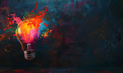 light bulb in blue, in the style of colorful surrealist, poured paint, light orange and magenta, light black and white, photorealistic pastiche, shaped canvas, innovative page design