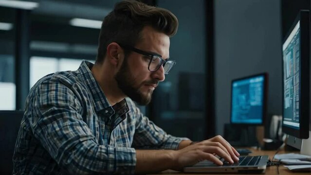 computer programmer wearing glasses writing code on a laptop in an office
