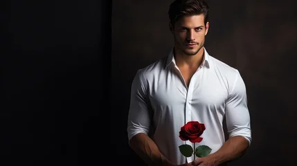 Fotobehang Handsome man holding red rose St. Valentines day Woman's day greeting © Natalia