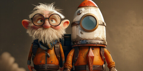 Elderly man with rocket on head standing next to another elderly man with rocket on head concept photo illustration