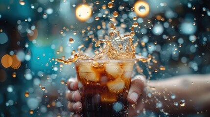 Coffee explosion in a glass with ice on a dynamic background - obrazy, fototapety, plakaty