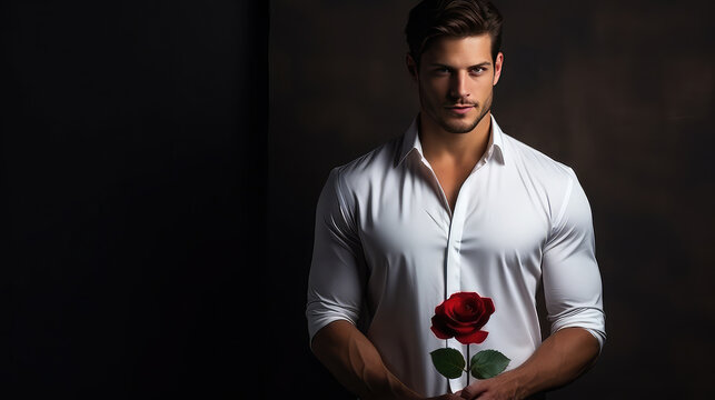 Handsome man holding red rose St. Valentines day Woman's day greeting