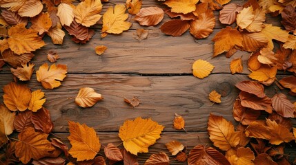 Rich autumn leaves scattered on a wooden plank
