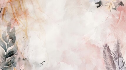 Watercolor background notebook page, flowers, feathers