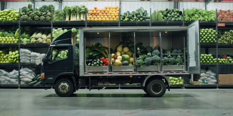 Rural Delivery Colorful Fresh Fruits and Vegetables Warehouse with Parked Truck by the Entrance