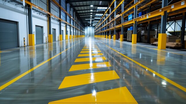 Modern warehouse floor with yellow markings on the floor