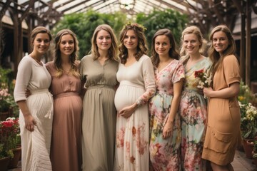 Group of expecting moms in a prenatal yoga class, smiling and practicing wellness - obrazy, fototapety, plakaty
